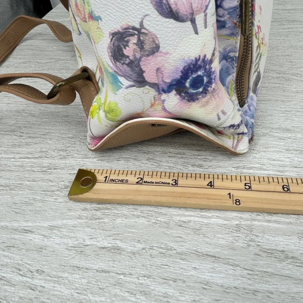 Elliott Lucca Floral Print Backpack White Pink Purple Faux Leather Mini Bag